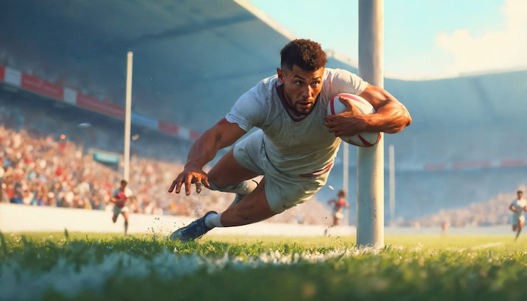 Rugby referee signaling a penalty